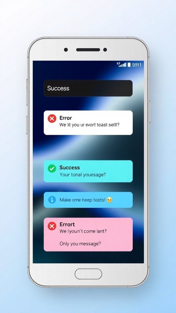UI design displaying different styles of toast messages on a smartphone.